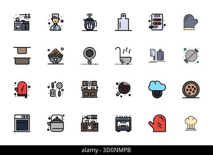 Professional-grade collection of 24 Flat Line Filled vector icons representing Cookware, crafted with High Resolution Pixel Aligned precision for ente Stock Vector