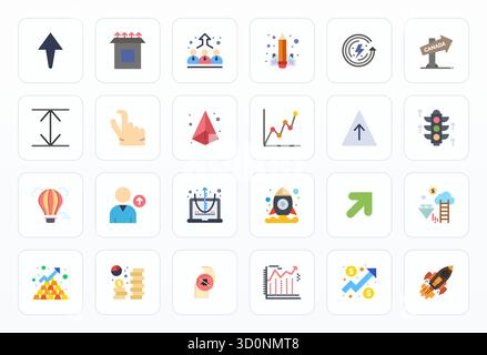 This set of 24 Flat vector icons captures Upward themes in High Resolution Display Perfect quality, perfect for tech and business applications. Stock Vector