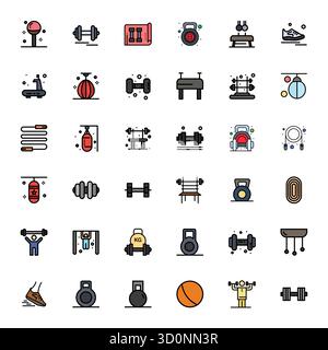 A versatile set of 36 Flat Line Filled Editable vector icons focused on Exercise Equipment, delivered in crisp Retina Ready format ideal for mobile an Stock Vector