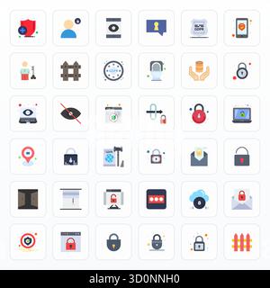 Discover a set of 36 Flat vector icons crafted for the Privacy theme, featuring Retina Ready Grid Fitted designs ideal for modern UI/UX projects. Stock Vector