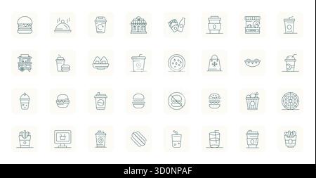 Distinctive pack of 32 Grid Fitted vector icons inspired by Takeaway, crafted in Thin Outline format at 256x256 for memorable brand experiences. Stock Vector