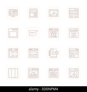Beautifully rendered 16 Thin Outline Pixel Aligned vector icons for Webpage Element, created at 256x256 resolution for stunning visual consistency acr Stock Vector