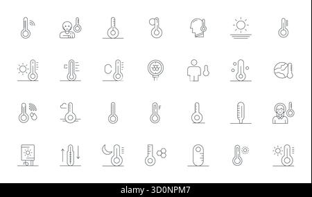 Distinctive pack of 28 Detail Enhanced vector icons inspired by Thermometer, crafted in Thin Line format at 64x64 for memorable brand experiences. Stock Vector