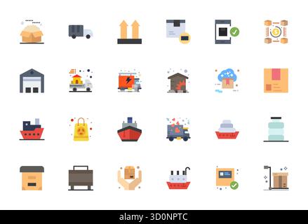 Beautifully rendered 24 Flat PIXEL Perfect vector icons for Shipping, created at 128x128 resolution for stunning visual consistency across platforms. Stock Vector