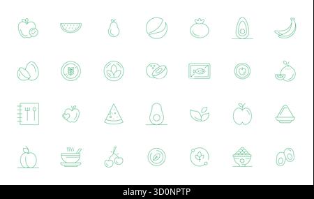 Carefully curated 28 Thin Line vector icons for Vegetarian, featuring Retina Ready Detail Enhanced resolution for consistent brand representation and Stock Vector