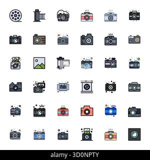 Masterfully created 36 vector icons representing Snapshot in Flat Line Filled design, featuring 128x128 Display Perfect resolution for exceptional vis Stock Vector
