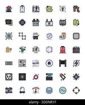 Exceptional collection of 42 Flat Line Filled vector icons for Circuit, delivered in 64x64 Grid Fitted resolution for unparalleled visual excellence a Stock Vector