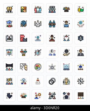 Contemporary collection of 42 vector icons representing Teamwork in Filled Line aesthetic, featuring 256x256 Display Perfect resolution for modern app Stock Vector