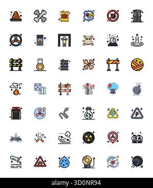 Industry-leading pack of 42 Flat Line Filled Editable vector icons for Hazard, sized at 64x64 for optimal rendering and user interface excellence. Stock Vector