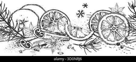 A seamless graphic vector border with oranges, cinnamon, star anise, and cloves. Stock Vector