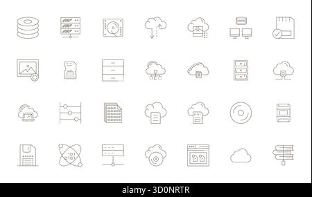 Refined bundle featuring 28 Thin Line vector icons for Data Storage, optimized with 128x128 Editable quality for elegant and functional design solutio Stock Vector