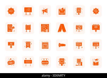 Handcrafted collection featuring 24 Filled vector icons for Advertisement, optimized in Retina Ready Pixel Optimized resolution for premium digital ex Stock Vector