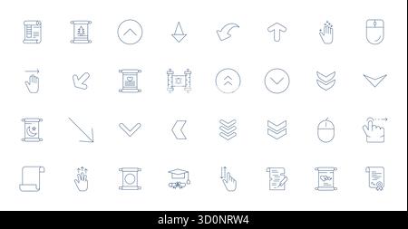 Explore 32 Thin Line Pixel Aligned vector icons in Retina Ready resolution inspired by Scroll. Perfect for web and app interfaces. Stock Vector
