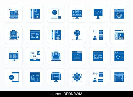 Collection of 24 Glyph Pixel Aligned vector icons for Web Development, designed in 256x256 format for clarity and versatility. Stock Vector