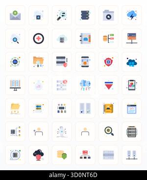 Essential pack of 42 Editable vector icons for Database in Flat format, sized at 64x64 for optimal performance and scalability. Stock Vector