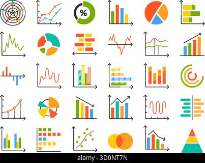 Graph and chart icons. Diagram and infographic elements, business data visualization with pie charts, bar graphs, line diagrams and statistic reports Stock Vector