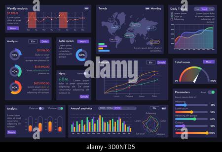 Analytics dashboard dark theme. Data visualization UI UX vector template for business analysis with charts, graphs, diagrams and world map. Modern Stock Vector