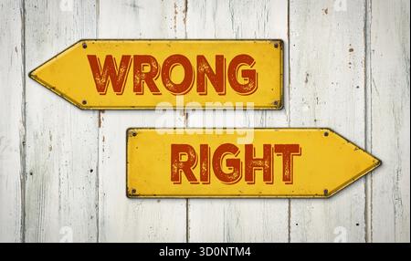 Direction signs on a wooden wall - Wrong or Right Stock Photo