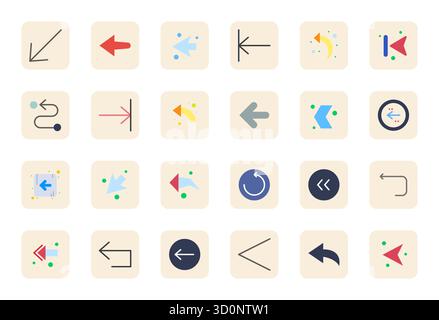 Discover a set of 24 Flat vector icons crafted for the Previous Step theme, featuring 64x64 Grid Fitted designs ideal for modern UI/UX projects. Stock Vector