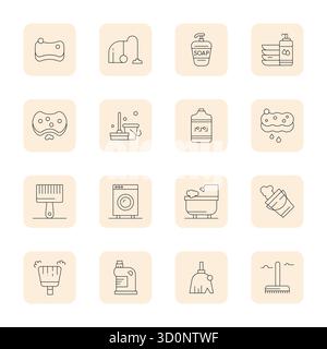 Unlock 16 Thin Outline Pixel Optimized vector icons inspired by Cleaning Supplies, optimized in 128x128 format for flawless display across all devices Stock Vector