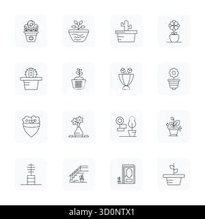 Innovative pack of 16 vector icons themed around Potted Plant, showcasing Thin Outline design in 128x128 Grid Fitted format for modern digital solutio Stock Vector