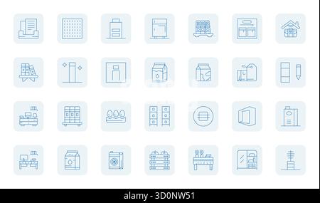 Comprehensive bundle featuring 28 vector icons in Thin Outline design for Shelf, delivered in crisp 128x128 Pixel Aligned quality. Stock Vector