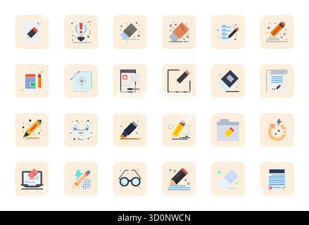 Meticulously crafted 24 Flat vector icons for Correction, delivered in 128x128 Grid Fitted quality for uncompromising design standards. Stock Vector