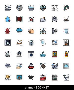 Comprehensive toolkit of 42 vector icons themed around Water, developed in Flat Line Filled with Retina Ready Pixel Aligned precision for versatile de Stock Vector