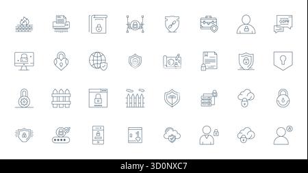 Refined bundle featuring 32 Thin Line vector icons for Privacy, optimized with 128x128 Grid Fitted quality for elegant and functional design solutions Stock Vector
