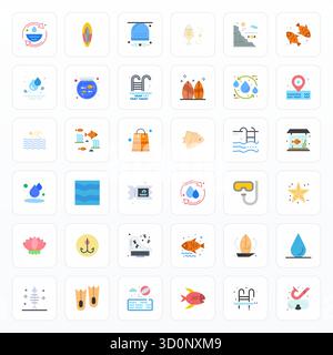 Innovative pack of 36 vector icons themed around Aquatic, showcasing Flat design in 128x128 PIXEL Perfect format for modern digital solutions. Stock Vector