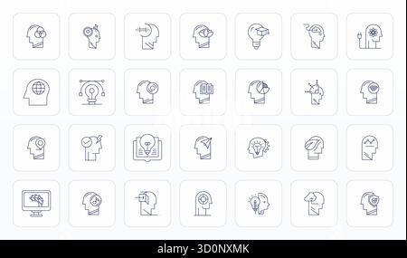 Refined bundle featuring 28 Thin Line vector icons for Brain, optimized with 64x64 Editable quality for elegant and functional design solutions. Stock Vector