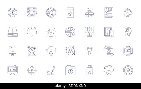 Industry-leading pack of 28 Thin Line Grid Fitted vector icons for Transfer, sized at 256x256 for optimal rendering and user interface excellence. Stock Vector