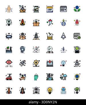 Masterfully created 42 vector icons representing Future in Line Filled design, featuring 128x128 Detail Enhanced resolution for exceptional visual qua Stock Vector