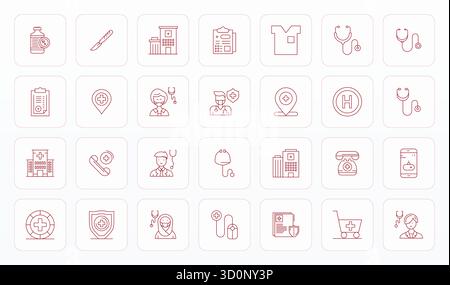 Thoughtfully designed 28 vector icons themed around Physician, crafted in Thin Line with 64x64 Grid Fitted precision for contemporary design needs. Stock Vector