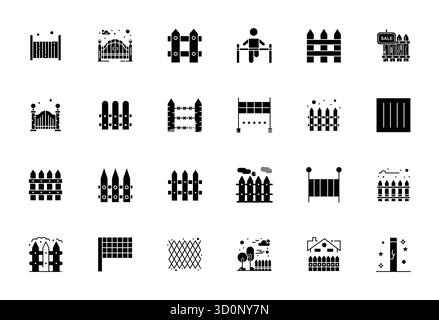Sophisticated bundle of 24 Filled vector icons for Fence, engineered with 256x256 Grid Fitted clarity for professional applications. Stock Vector