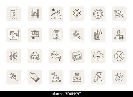 Exceptional collection of 24 Regular Bold Outline vector icons for Cost, delivered in 128x128 Pixel Optimized resolution for unparalleled visual excel Stock Vector