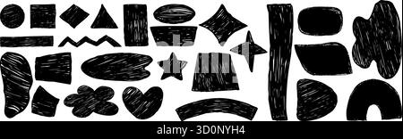 Abstract Black Silhouette Freeform set. Curvature Chalk Hand Drawn various Shapes, Curls, Geometric Forms, Heart, Star and doodle objects. Isolated Ve Stock Vector