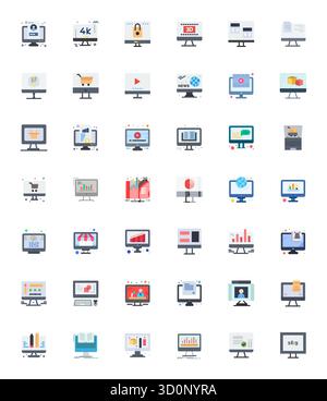 Curated pack of 42 High Resolution vector icons in Flat design, centered around Computer Screen concepts with Pixel Aligned clarity. Stock Vector