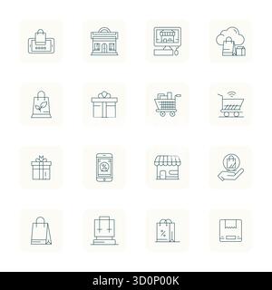 Download 16 scalable Thin Outline vector icons designed for Retail, featuring Detail Enhanced Retina Ready resolution suitable for professional and cr Stock Vector