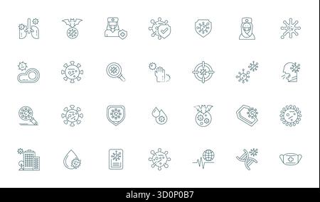 Enhance your projects with 28 Thin Line vector icons themed around Epidemic, featuring 64x64 PIXEL Perfect resolution ideal for clean and professional Stock Vector