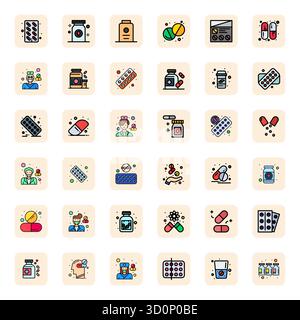 This collection features 36 LineFilled Pixel Aligned vector icons tailored to the Pills theme, optimized in 256x256 format for digital design. Stock Vector