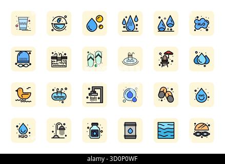Professional-grade collection of 24 LineFilled vector icons representing Aqua, crafted with Retina Ready Display Perfect precision for enterprise appl Stock Vector