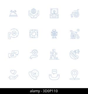 Masterfully created 16 vector icons representing Assistance in Thin Line design, featuring 128x128 Grid Fitted resolution for exceptional visual quali Stock Vector