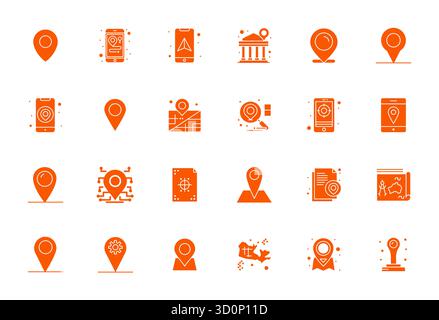 Perfectly balanced 24 Filled Pixel Aligned vector icons for Coordinates, sized at Retina Ready for harmonious integration in digital design projects. Stock Vector