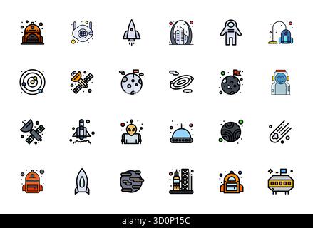 Vector pack with 24 Flat Line Filled Pixel Optimized icons inspired by Space Travel, delivered in 128x128 resolution ideal for scalable and creative d Stock Vector
