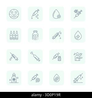 Advanced collection of 16 PIXEL Perfect vector icons inspired by Serum, crafted in Thin Outline with High Resolution optimization for superior visual Stock Vector