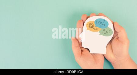 Mind, question mark and speech bubble, education, business concept, confusion, brain searching for answers, brainstorming new idea and solution Stock Photo