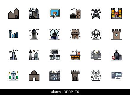 Essential pack of 24 Editable vector icons for Tower in Line Filled format, sized at 128x128 for optimal performance and scalability. Stock Vector