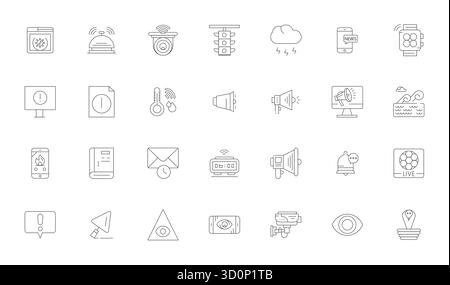 Set of 28 Thin Line Pixel Aligned vector icons themed around Alert, crafted in 64x64 resolution for seamless integration in apps and websites. Stock Vector