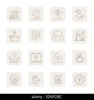 Professional-grade collection of 16 Thin Outline vector icons representing Foliage, crafted with 64x64 PIXEL Perfect precision for enterprise applicat Stock Vector